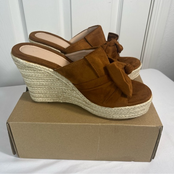 Brown Platform Espadrilles Slip On Wedge Sandals Bow Tie Womens 8.5 New - Picture 7 of 13
